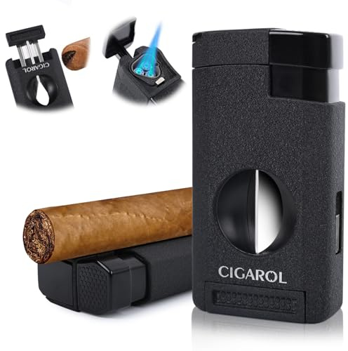 CIGAROL Feuerzeug, 3 in 1 Sturmfeuerzeug mit Zigarrenschneider V, 3 Jet Flamme Zigarrenfeuerzeug mit Geschenkbox, Tolle Geschenke für Männer (Kein Gas)