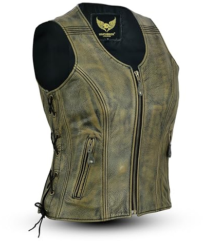 Leatherick Damen Vintage Lederweste der echte spitzenkorn-büffel Leder ärmellose jacke/weste distress braun XXL (16)
