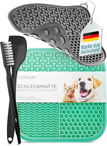 TIERFEIN – Schleckmatte Hund mit Saugnäpfen (2er Set, 20x20 cm) – Schleckmatte Katze zur Beruhigung & Förderung von langsamen Fressen – Leckmatte Hund inkl. Spatel & Bürste, BPA-frei