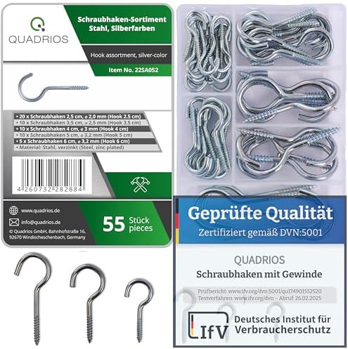 QUADRIOS | Schraubhaken Set | 55 robuste Hakenschrauben mit Gewinde aus verzinktem Stahl für Innen und Außen, Deckenhaken, Wandhaken, Befestigungshaken | Silber