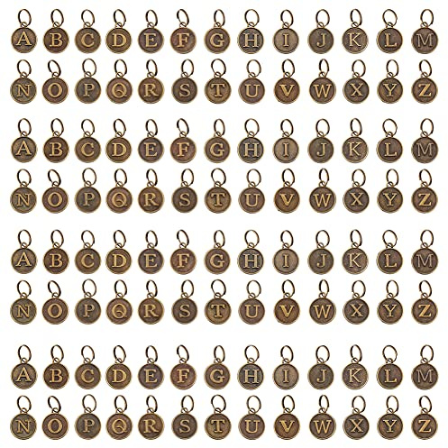 PandaHall 104 Stück A-Z Alphabet Metallanhänger 12mm Flach Rund | Metall Buchstabenanhänger Vintage Letter Charms Anfangsanhänger Für Anhänger Armbänder Halskette Name Schmuckherstellung