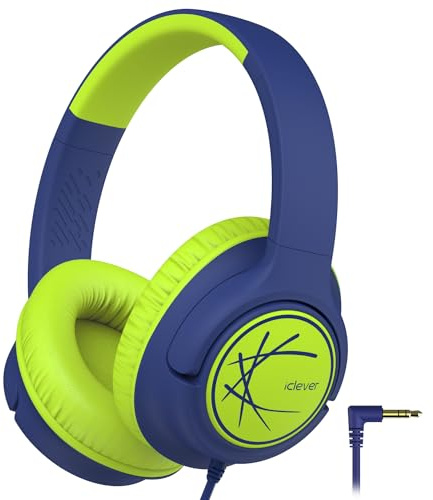 iClever Kinderkopfhörer mit Kabel, 85dBA Sichere Lautstärke, Stereo Sound, Faltbare 3,5mm Over-Ear Kopfhörer für iPad, Tablets, Schule, Reisen, Blau Grün