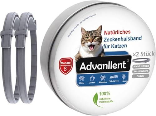 Advanllent Zeckenhalsband für Katzen, Floh für Katzen ab 12 Wochen | Floh‑ und Zeckenhalsband für Katzen, Natürliche Inhaltsstoffe Zeckenschutz Flohschutz Halsband wasserdich 2 Stück
