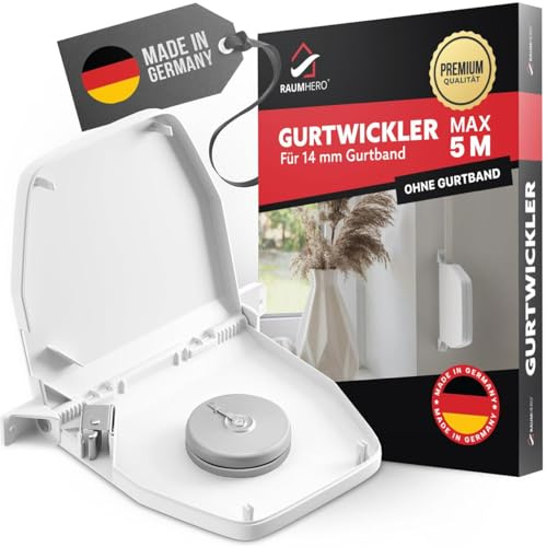 Raumhero 14mm Rolladen Gurtwickler Aufputz - leises Rollen (100% Made in Germany) - bis 5m Gurt - Rollo Gurtwickler, Gurtaufroller, Rollladen Aufwickler (ohne Gurt)