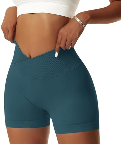 Vertvie Damen Gym Shorts V Cross Stretch Push Up Yoga Shorts Booty Scrunch Fitness Hosen Kurz High Waist Nahtlos Workout Sportshorts Butt Lift Kurze Leggings Sommer (Dunkel Cyan, S)