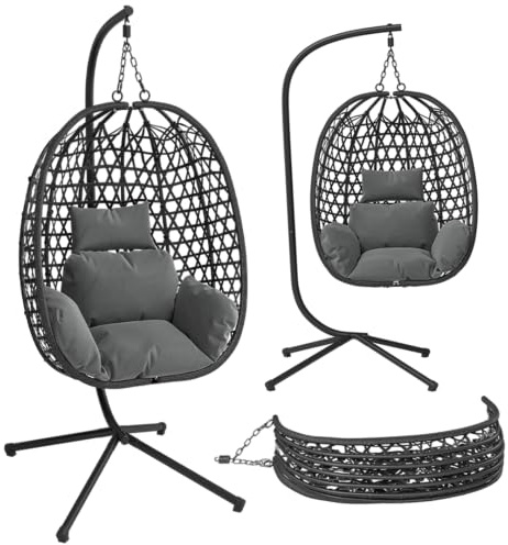 STEELSØN Sarin Hängesessel mit Gestell, Schwarz, Rattan, faltbar, 150 kg | Hängestuhl Outdoor & Indoor mit Kissen, Hängekorb, Gartenschaukel Erwachsene & Kinder, Korbhängesessel, Hanging Chair, Rattan