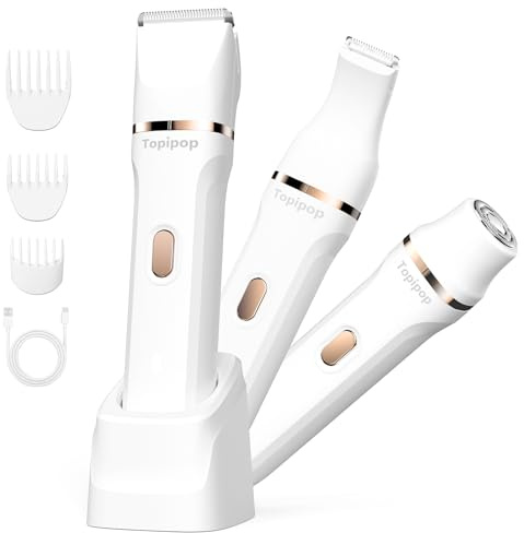 Topipop Intimrasierer für Frauen, 3 in 1 Elektrischer Rasierer Damen für Bikinizone, Gesicht und Körper, Kabelloser Bikini Trimmer für Intimbereich, Wasserdicht & Hautfreundlich(Weiß)