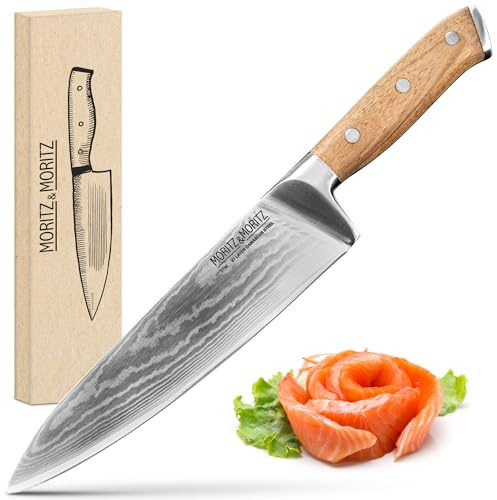 Moritz & Moritz Damastmesser 20 cm - Profi Kochmesser aus 67 Lagen Damaststahl - Scharfes Küchenmesser - Chefmesser mit ergonomischem Griff aus Akazienholz - Damaskus Messer Stahl