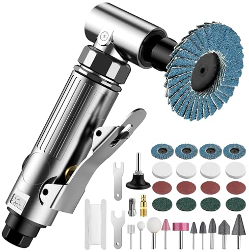 EYPINS Druckluftschleifer Set, Stabschleifer Druckluft Schleifer 90° abgewinkelt Winkelschleifer 90psi(6.2Bar) mit 50mm Korundsandscheibe, 50mm Sandscheibe, Luftklappe, Wollrad-Sandscheibe, Polierkopf