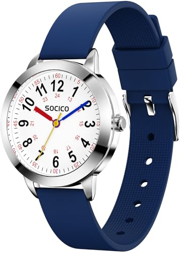 SOCICO Lernuhr Kinder Armbanduhr, 3ATM/30M wasserdichte Kinderuhr für Jungen Mädchen,Kinderuhr Analog Zeit Lernen Erntedankfest Weihnachtstag Geschenk (Blau)