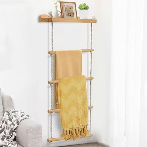 Yunkctuk 4 Ebenen Handtuchständer Handtuchleiter, 2-in-1 Handtuchhalter Holz mit Regal, Handtuchstange für Badezimmer Wohnzimmer Schlafzimmer (98 * 43 cm)