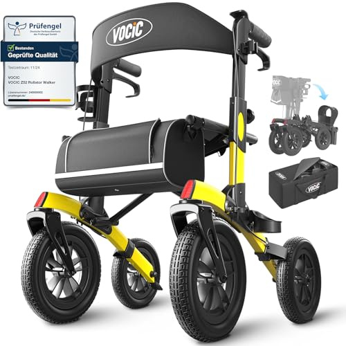 VOCIC Z52 Outdoor Rollator 2-fach faltbar und leicht mit Sitz All Terrain | 30CM Vollgummi Reifen Pannensicher wartungsfrei Nur 9,4kg Alu höhenverstellbar Ideal für Waldwege Gras Strand, Gelb