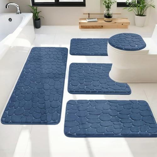 Heavyoff Badezimmerteppich Set 5 Teilig, Weiche Badematte und U Förmige wc Vorleger, Badteppich rutschfest Waschbar Badvorleger Set, Marineblau