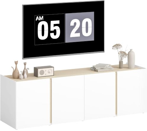 HOMCOM TV Schrank Lowboard für Fernseher bis 65 Zoll 135 cm lang Weiß | Hochglanz Fernsehtisch, Verstellbaren Ablagen, Kabelmanagement, 4 Soft-Close-Türen, Wohnzimmer