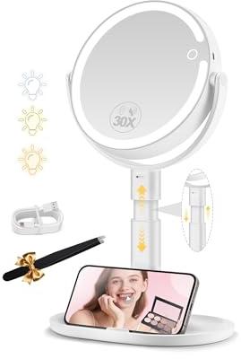 MOMOKUBA Kosmetikspiegel mit Beleuchtung, Schminkspiegel mit Beleuchtung Höhenverstellbarer, Vergrößerungsspiegel mit Licht 30-Fach, Doppelseitig 360° Drehbar, 3 Farbiger Rund Spiegel mit Licht Weiß