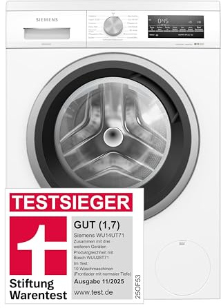 Siemens WU14UT71 iQ500 Waschmaschine 8 kg, 1400 U/min, Energieeffizienzklasse B, Frontlader, Weiß, AquaStop