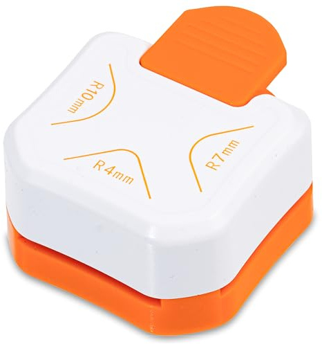 Eckenstanzer 3-in-1 für Papier, Fotos, Urkunden, Dokumente - Orange + Weiß | Ecken abrunden mit Radius 4, 7 und 10 mm - Corner Cutter - Eckenschneider für Laminierfolie - Schule, Uni, Büro & Zuhause