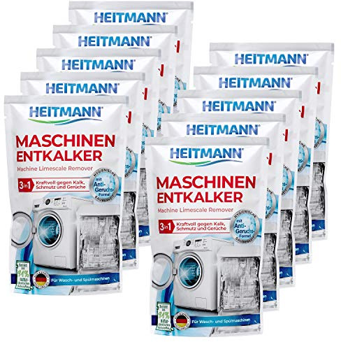 Heitmann Maschinen Entkalker für Waschmaschinen und Geschirrspüler: hochwirksame Entkalkung mit 1 Durchlauf, Reiniger gegen Kalkablagerungen und unangenehme Gerüche 10 x 175g
