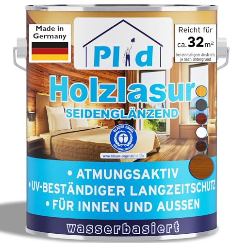 Plid Holzlasur Teak 2,5 L Seidenglänzend | Holzschutzlasur | Holzschutz | Lasur für Holz | Innen & Außen | UV-Langzeitschutz | Feuchtigkeitsregulierend | ca. 32 m² | Made in Germany