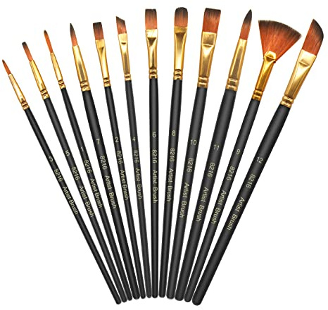 Skaaisont 12 Stück Set,Nylonpinselset Acrylfarben Kunstpinsel, Feiner Pinsel,Stifte mit Glatter Spitze, Korpus aus Holz,Geeignet für Acrylfarben,Aquarelle,Öle und Gouache, Schwarz