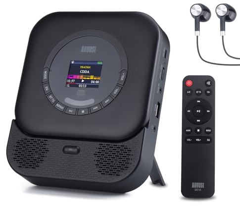 August SE15 Wiederaufladbarer tragbarer Bluetooth CD Player mit Kopfhörer | CD Spieler mit 3,5mm Audio-Ein/Aus/Überspringschutz/Wiederholungsmodus, Wandhalterung&Fernbedienung, für Zuhause/Auto-Schwarz
