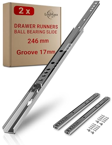 LouMaxx Schubladenschienen 246mm 17mm Nut – 1 Paar (links/rechts) – Auszugsschienen mit Ausrollsicherung – Schubladenauszug für Holzschubladen mit 17mm Führung, einfache Montage, inkl. Schrauben