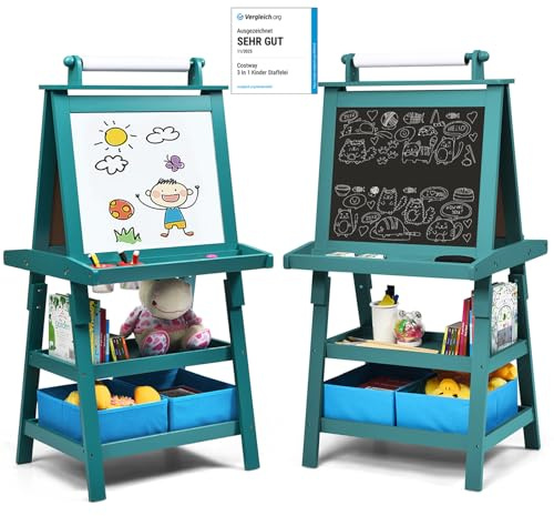 COSTWAY 3 in 1 Kinder Staffelei, Kindertafel doppelseitig, Blau | Standtafel mit Whiteboard, Kreidetafel & Zeichenpapier, inkl. Magneten, 2 Regalebenen Holztafel mit 2 Aufbewahrungsboxen