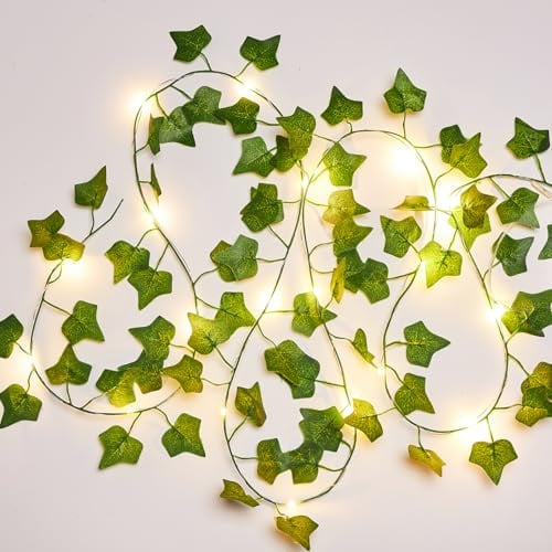 KASZOO 1 Stück Efeu Künstlich mit Lichterkette, 2M Efeu Girlande mit 20 LED-Licht, Lichterkette Efeu IP65 Wasserdicht Batteriebetrieben für Innenberei,Hochzeit, Party Deko