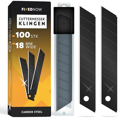 FixedNow 100 x Cuttermesser Klingen 18mm aus japanischem Carbonstahl | Extra scharfe Profi Abbrechklingen schwarz für Cutter Messer & Teppichmesser - Kattermesser Ersatzklingen, Knife Blade