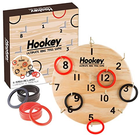 Hookey Game - Ringwurfspiel mit Zielscheibe - Geschicklichkeitsspiele aus Holz für Kinder und Erwachsene - Spielzeug für drinnen draußen zur Animation von Geburtstagsfeiern und Kirmes - Darts.