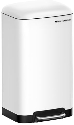 SONGMICS Mülleimer Küche, 30 Liter Abfalleimer, Tretmülleimer aus Stahl, mit Deckel und Inneneimer, Softclose, weiß LTB01W