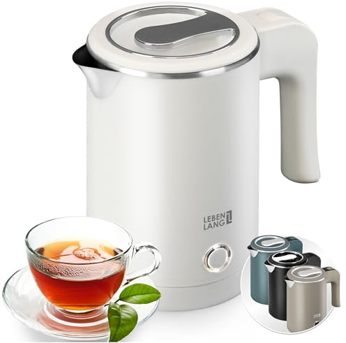 LEBENLANG Edelstahl Reisewasserkocher Klein - 500ml & BPA-Frei I 600W Mini Wasserkocher Klein Weiß für Reisen I Energiesparend & Energieeffizienz I 0 5 0,5 l I Kleiner Camping Wasserkocher Reise