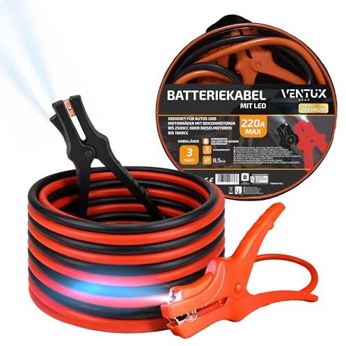 Starthilfekabel Auto mit LED - 220A 3 meter - Überbrückungskabel | Starterkabel Auto isolierte Klemmen | Batteriekabel für Benzin Diesel PKW