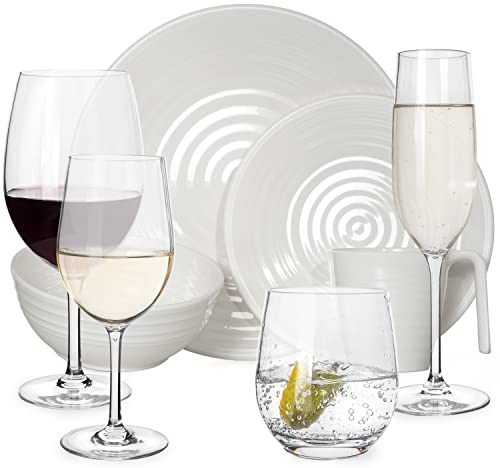 Melamin Camping Geschirr Set 4 Personen Crema 16 Teilig + 16 Timo Gläser Wassergläser Weingläser Champagner-Gläser Flûtes Tafelgeschirr Picknick BBQ Kochgeschirr