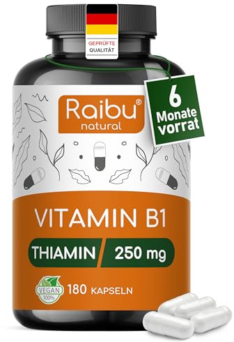 Vitamin B1 (Thiamin) Hochdosiert, 250 mg pro Kapsel - 6 Monatsvorrat: 180 vegane Kapseln - Premium Vitamin B1, hohe Bioverfügbarkeit & laborgeprüft - Ohne unerwünschte Zusätze, Raibu
