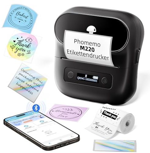 Phomemo M220 Etikettendrucker Beschriftungsgerät,80cm Thermo Bluetooth Tragbarer Etikettenhersteller,Etikettenhersteller Sticker Drucker für Barcode,Adresse,Zuhause,Büro,Kleine Unternehmen