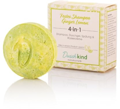 Duschkind Festes Shampoo Ginger Lemon 4-in-1 – Shampoo Duschgel Conditioner Rasiercreme – handgemacht in Deutschland, Babassuöl, für normales Haar, vegan & plastikfrei