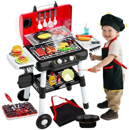 Kinder Küche Spielzeug Barbecue Grill Spielsatz Kochen Interaktives Spielzeug mit Rauch Klang Licht Simulation Koch Schürze Hut Kleiner Koch Pretend Spielen Zubehör Weihnachten Geburtstagsgeschenk