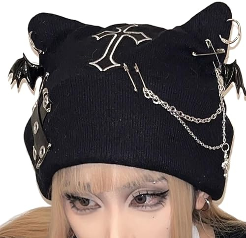 Peufcmi Katzenohren Hut Gehäkeltes Design Mit Punk-Kette Streetwear