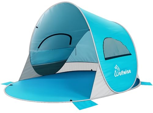 WolfWise Strandmuschel Pop-Up Zelt mit UV-Schutz 50+, 3-4 Personen Strandzelt, Sonnenschutz & Windschutz Tragbar Wurfzelt Baby Kinder Sonnenzelt Kleines Packmaß für Familie Camping Garten Strand Blau