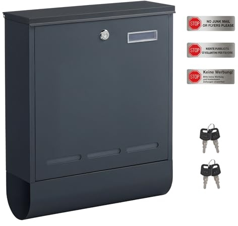 SONGMICS Briefkasten mit Zeitungsfach, Namensschild | Postkasten, Keine Werbung Aufkleber, leichte Montage, anthrazit, POSTER Kollektion GMB060G01