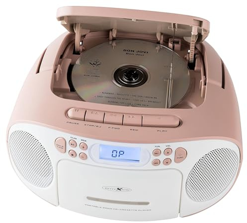 Reflexion RCR2260 CD-Player mit Kassette und Radio für Netz- und Batteriebetrieb (PLL UKW-Radio, LCD-Display, AUX-Eingang, Kopfhörer-Anschluss), weiß/rosa