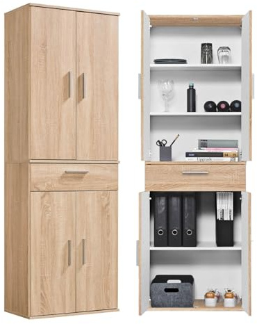 mokebo Mehrzweckschrank Büroschrank (60x180 cm) 'Der Praktische' Made in Germany aus Holz mit Schublade Aktenschrank auch als Schuhschrank Flurschrank Sonoma Eiche