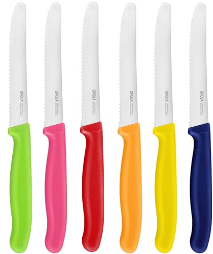 OPOLIA 6 Stück Bunt Frühstücksmesser,kann als Tafelmesser、Brötchenmesser、Tomatenmesser, Hochwertiger Rostfreier Stahl Messerset,Messer Wellenschlif,Spülmaschinenfest.
