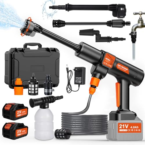 TOPALL Akku Hochdruckreiniger Pistole,Mini Mobiler Hochdruckreiniger Max 45 Bar/652PSI,High Pressure Cleaner,mit 2*4000mAh|8.5M Schlauch|6-in-1 Düse,Kabelloser Hydro Blast Kompatibel mit Makita Akku