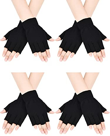Bememo Fingerlose Handschuhe, Halbfinger-Handschuhe, Winter, einfarbig, gestrickt, für Jungen und Mädchen, 4 Paar, Schwarz, 5.5 x 3.9 inches