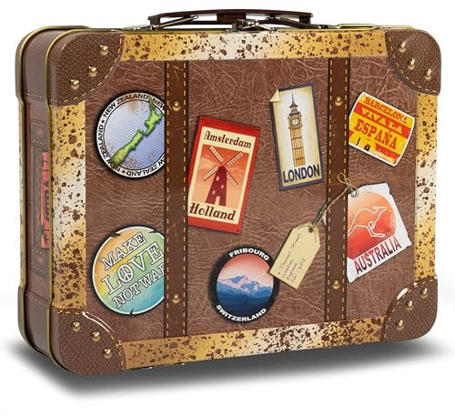 MediMuc Vintage Reisekoffer - Keksdose mit bunten Stickern, Griff und Schnappschloss - lebensmittelecht - Vol. 2,0l - Maße: (L x B x H): 20,7 x 16,0 x 6,2cm