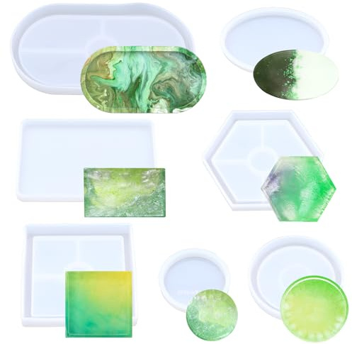 7 Stücke Set Silikonform Tablett,Scettar Silikonform Untersetzer in Verschiedenen Stilen, Silikonformen Epoxidharz für Beton Gießform,Heimdekoration,Haushaltsküchengeschirr-Tabletts zum DIY usw