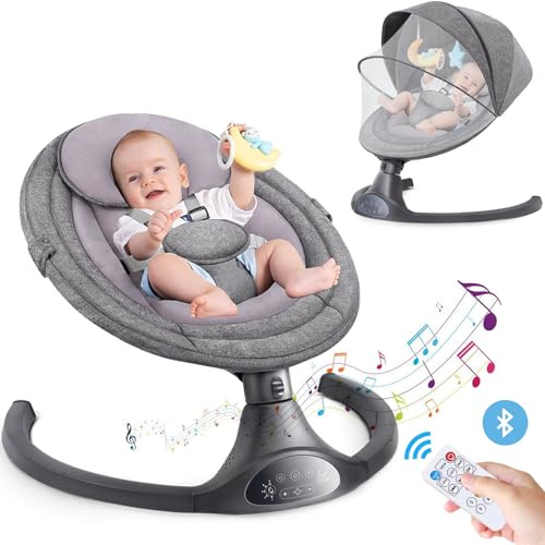 YUMBOT Babywippe Elektrisch,Babyschaukel Elektrisch mit Musik,5 Wippgeschwindigkeiten,Bluetooth-Schaukel,Fernbedienung,5-Punkt-Gurt,Stabile Basis (Dunkelgrau)