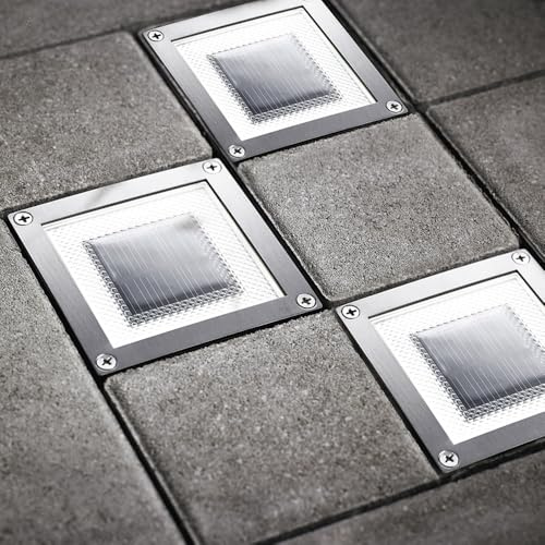 MeLiTec 3er Set Solar Bodenleuchte SEL05 – quadratisch, LED, befahrbar, IP67, Einbauleuchte für Pflastersteine, Außenbereich, silberfarben, inkl. Akku